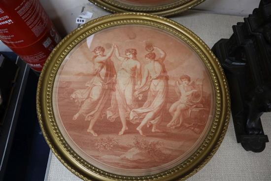 After Angelica Kauffman, pair of sepia prints, The Three Graces, tondo, 46cm